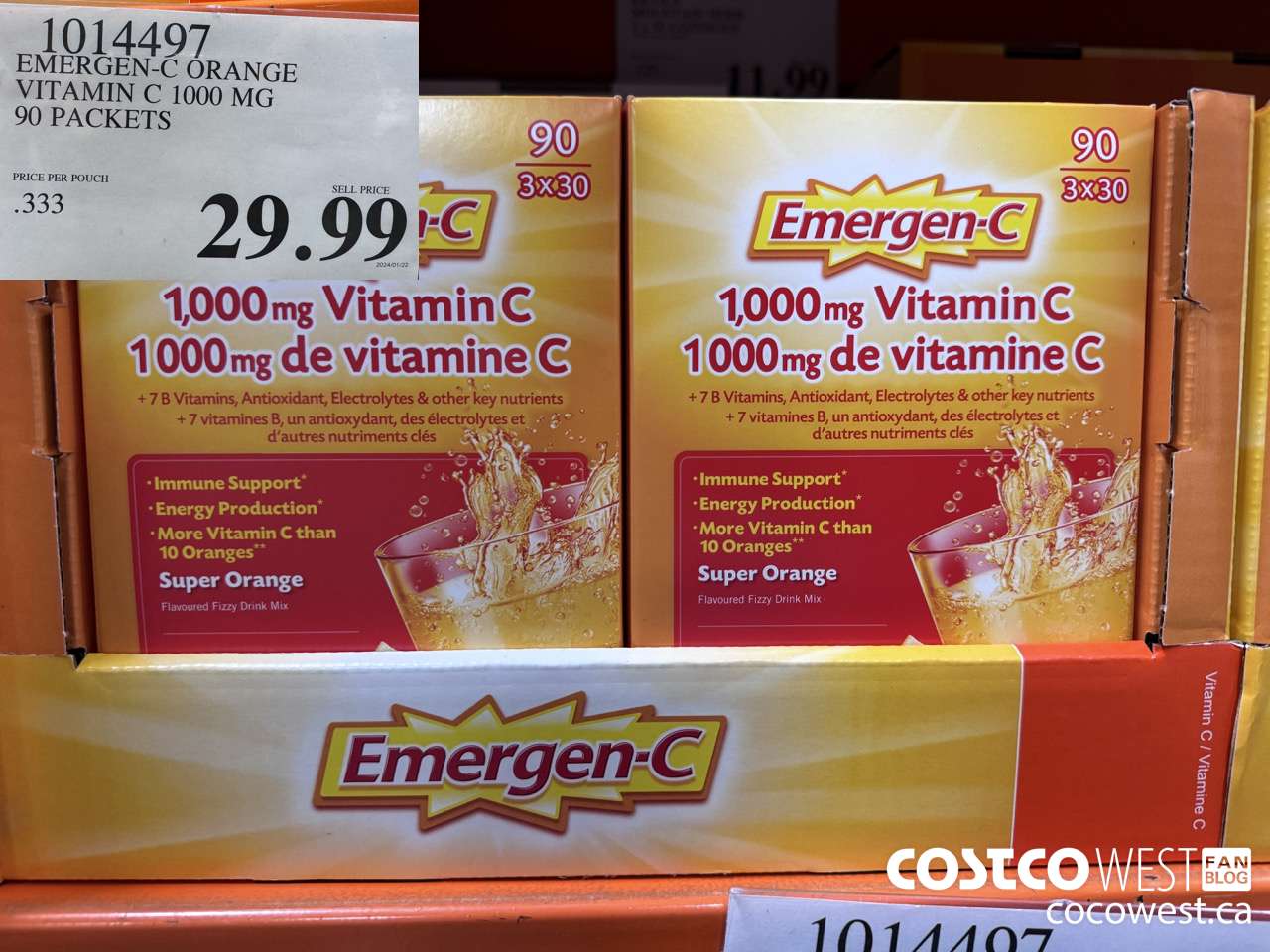 1014497 EMERGEN-C ORANGE VITAMIN C 1000 MG 90 PACKETS $29.99