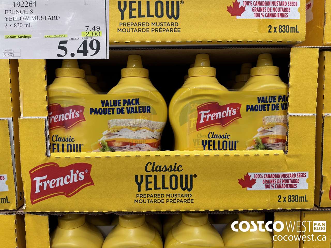 192264 FRENCH'S YELLOW MUSTARD 2 x 830 mL ($2.00 INSTANT SAVINGS EXPIRES ON 2024-06-30) $5.49