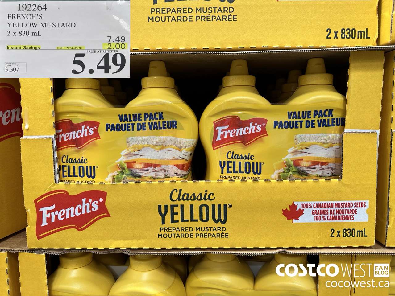 192264 FRENCH'S YELLOW MUSTARD 2 x 830 mL ($2.00 INSTANT SAVINGS EXPIRES ON 2024-06-30) $5.49