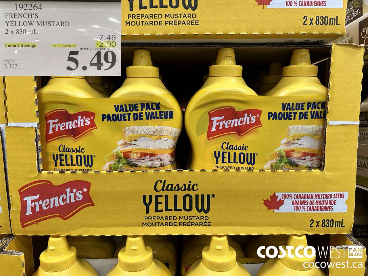 192264 FRENCH'S YELLOW MUSTARD 2 x 830 mL ($2.00 INSTANT SAVINGS EXPIRES ON 2024-06-30) $5.49
