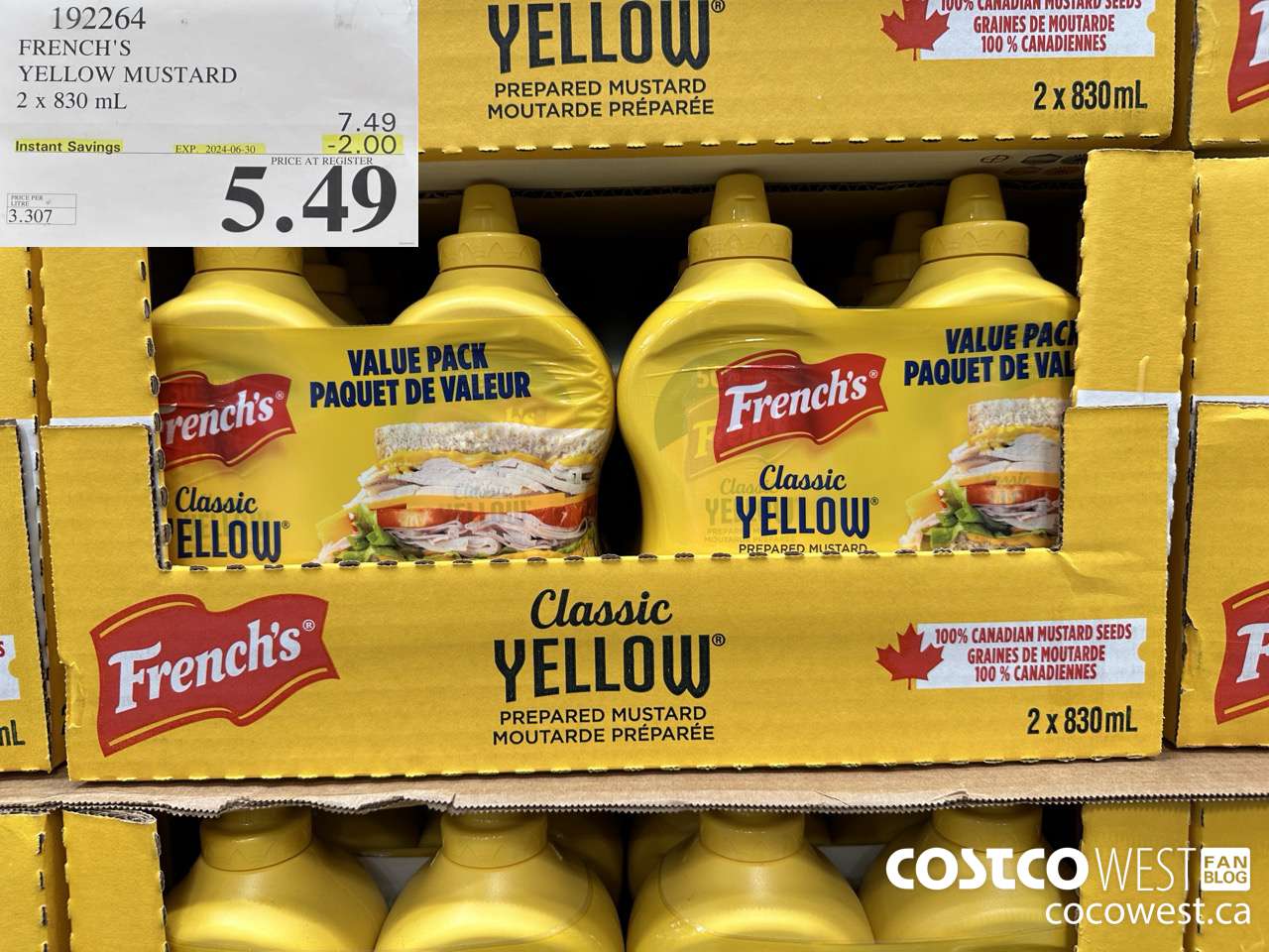 192264 FRENCH'S YELLOW MUSTARD 2 x 830 mL ($2.00 INSTANT SAVINGS EXPIRES ON 2024-06-30) $5.49