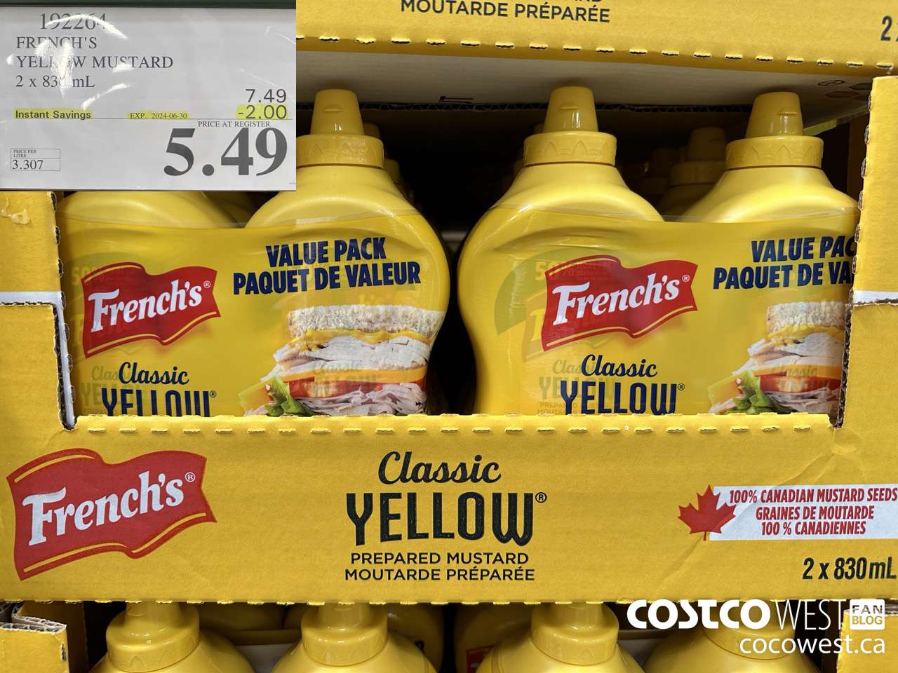 192264 FRENCH'S YELLOW MUSTARD 2 x 830 mL ($2.00 INSTANT SAVINGS EXPIRES ON 2024-06-30) $5.49