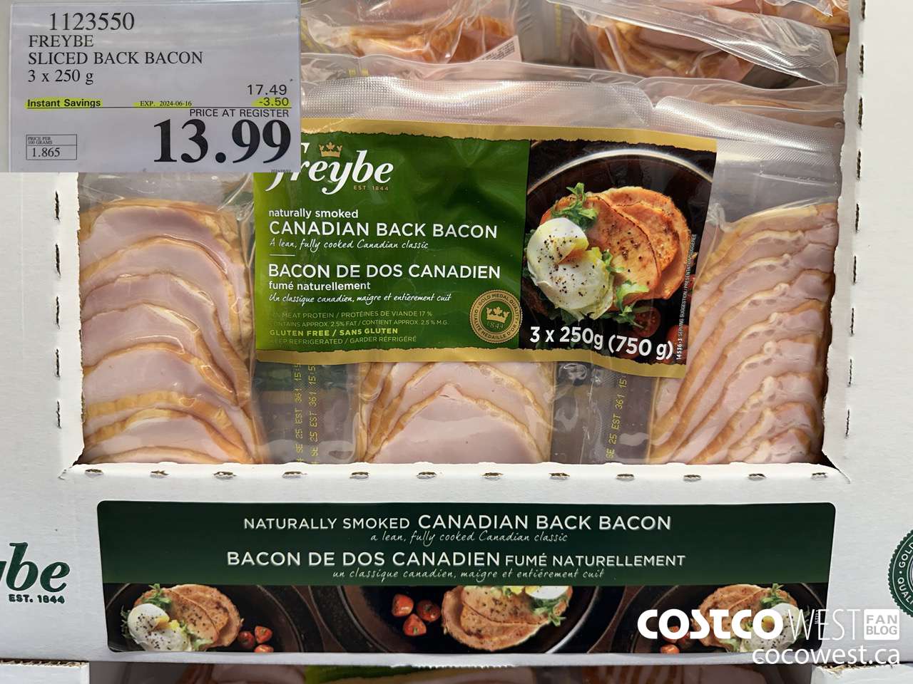 1123550 FREYBE SLICED BACK BACON 3 x 250 g ($3.50 INSTANT SAVINGS EXPIRES ON 2024-06-16) $13.99