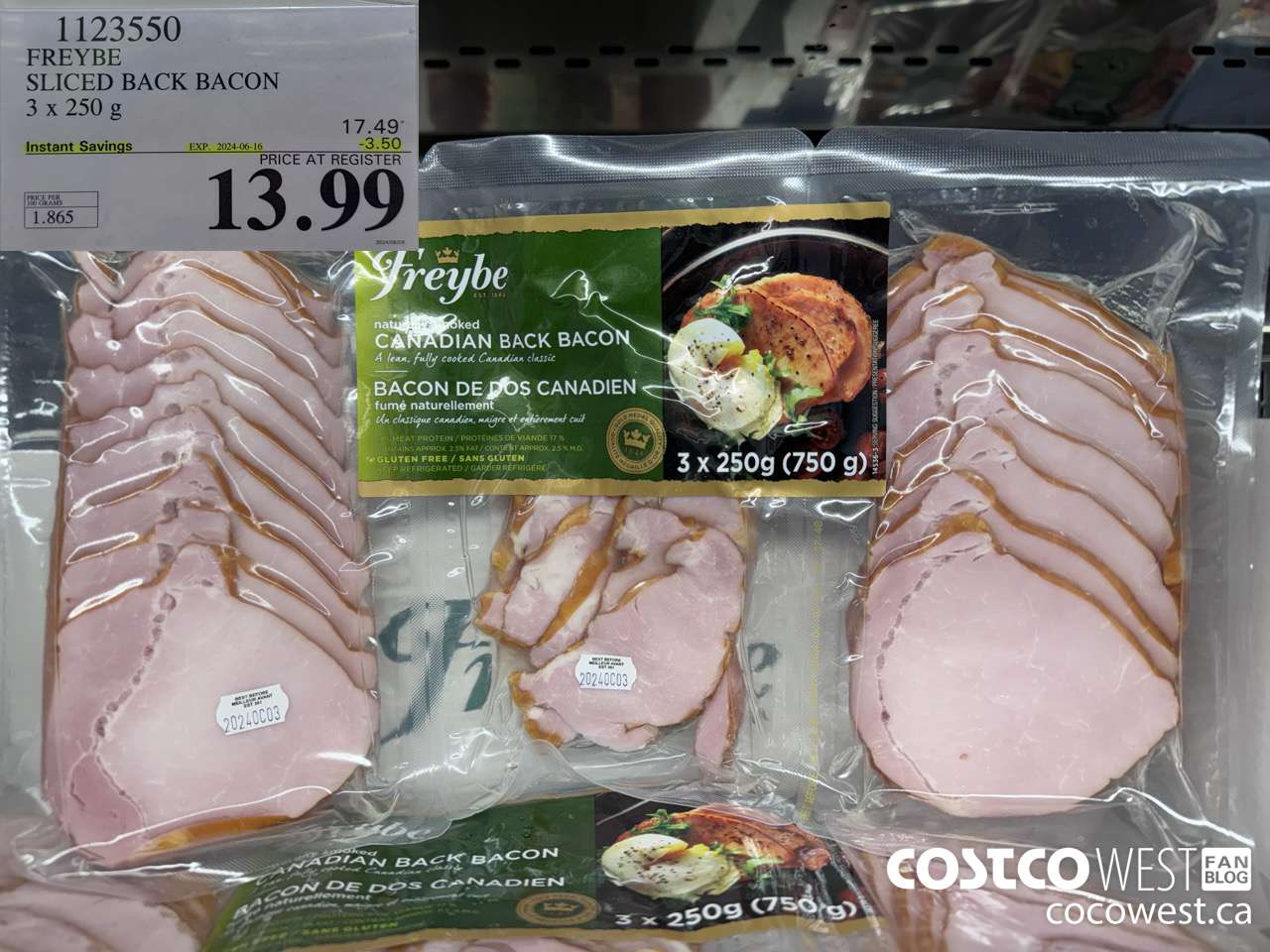 1123550 FREYBE SLICED BACK BACON 3 x 250 g ($3.50 INSTANT SAVINGS EXPIRES ON 2024-06-16) $13.99