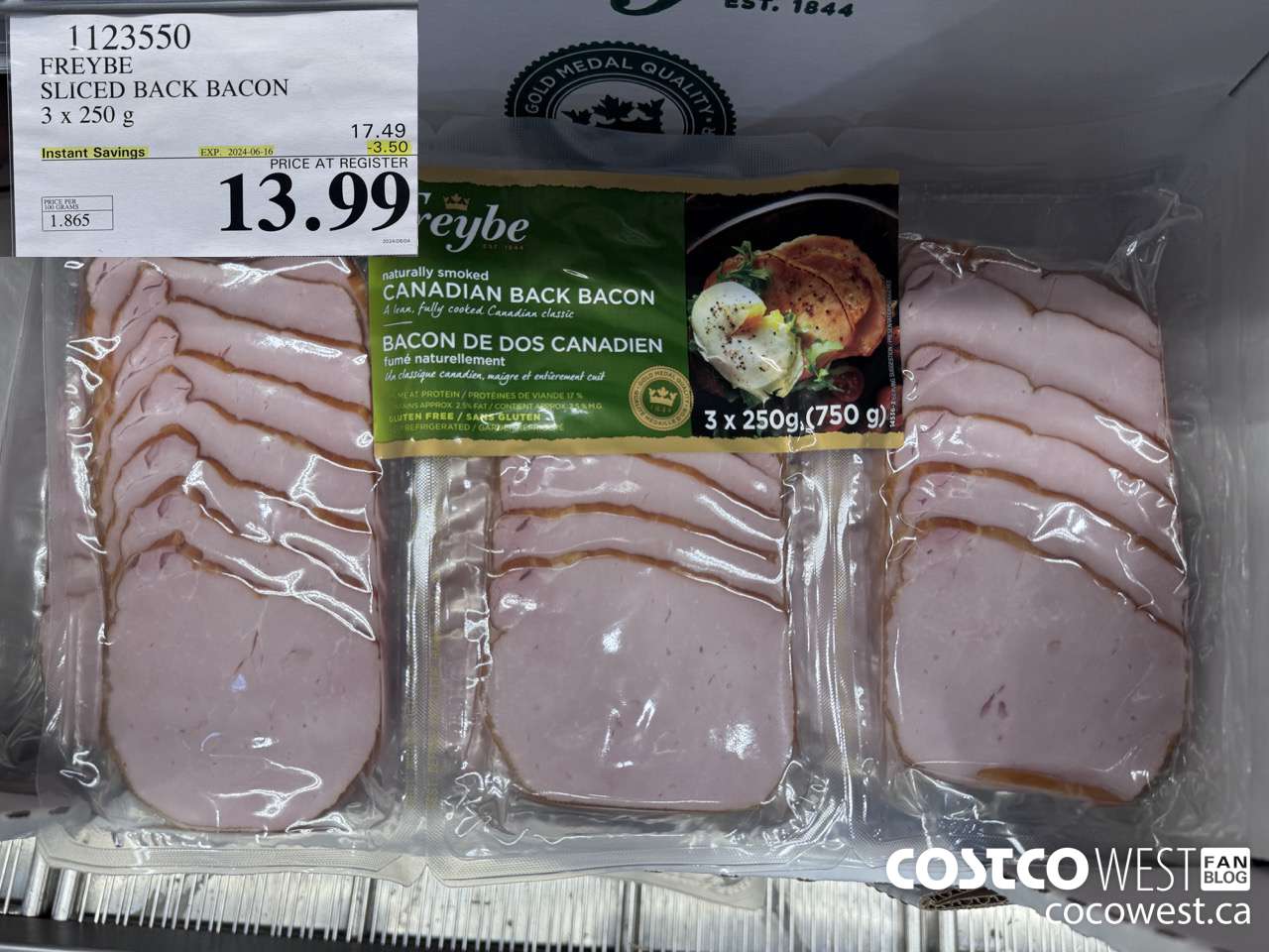 1123550 FREYBE SLICED BACK BACON 3 x 250 g ($3.50 INSTANT SAVINGS EXPIRES ON 2024-06-16) $13.99