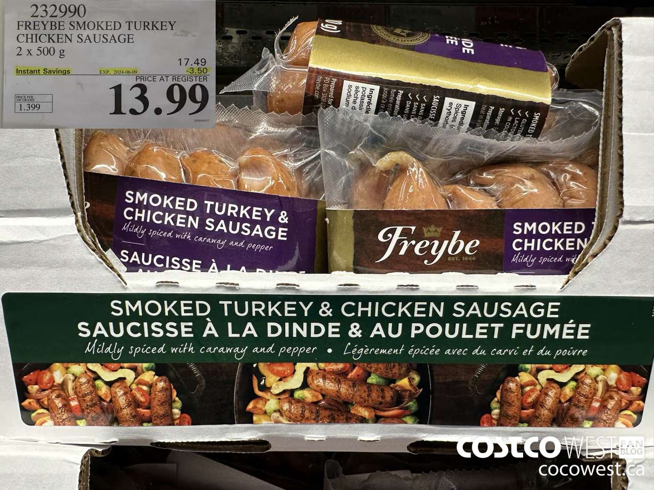 232990 FREYBE SMOKED TURKEY CHICKEN SAUSAGE 2 x 500 g ($3.50 INSTANT SAVINGS EXPIRES ON 2024-06-09) $13.99