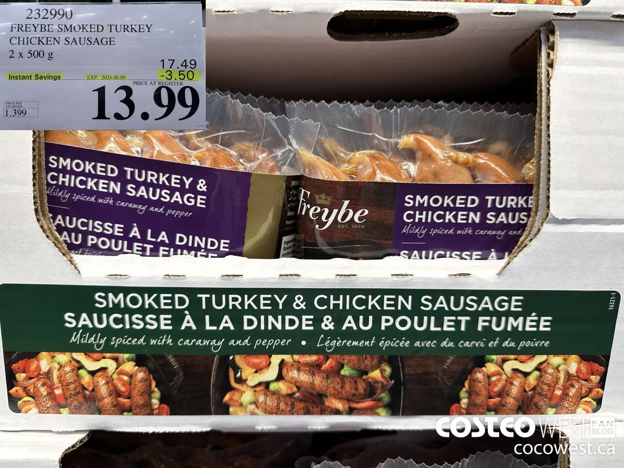 232990 FREYBE SMOKED TURKEY CHICKEN SAUSAGE 2 x 500 g ($3.50 INSTANT SAVINGS EXPIRES ON 2024-06-09) $13.99