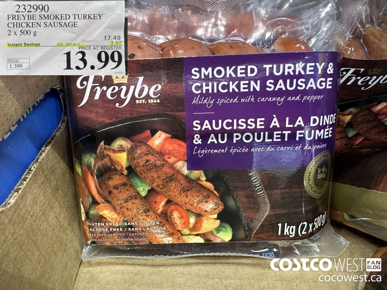 232990 FREYBE SMOKED TURKEY CHICKEN SAUSAGE 2 x 500 g ($3.50 INSTANT SAVINGS EXPIRES ON 2024-06-23) $13.99