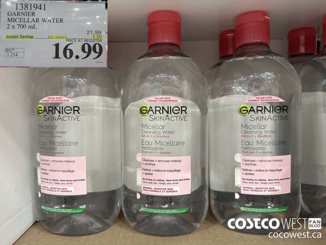 1381941 GARNIER MICELLAR WATER 2 x 700 mL  ($5.00 INSTANT SAVINGS EXPIRES ON 2024-06-30) $16.99