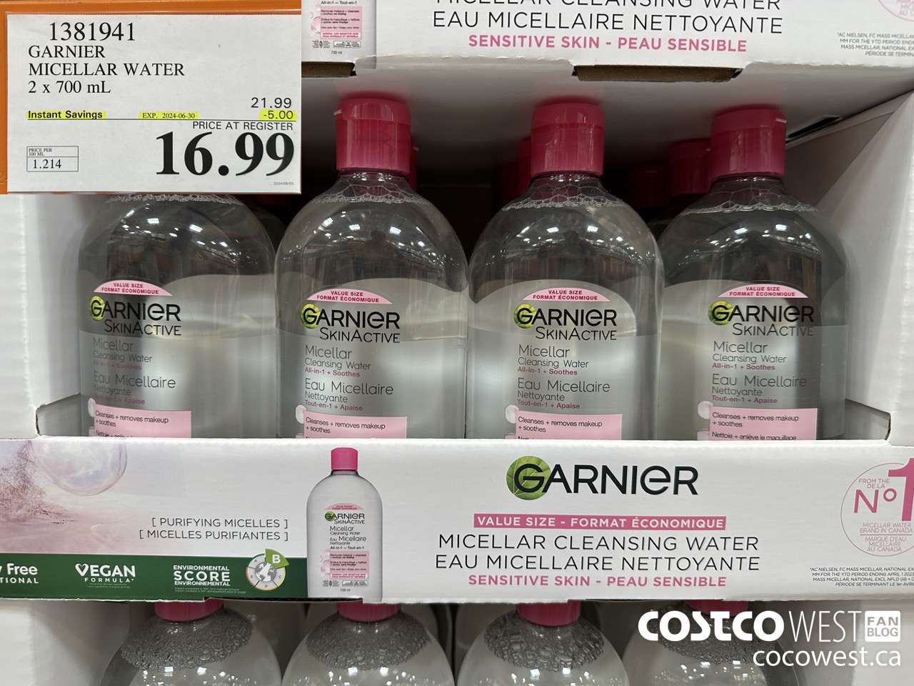 1381941 GARNIER MICELLAR WATER 2 x 700 mL  ($5.00 INSTANT SAVINGS EXPIRES ON 2024-06-30) $16.99