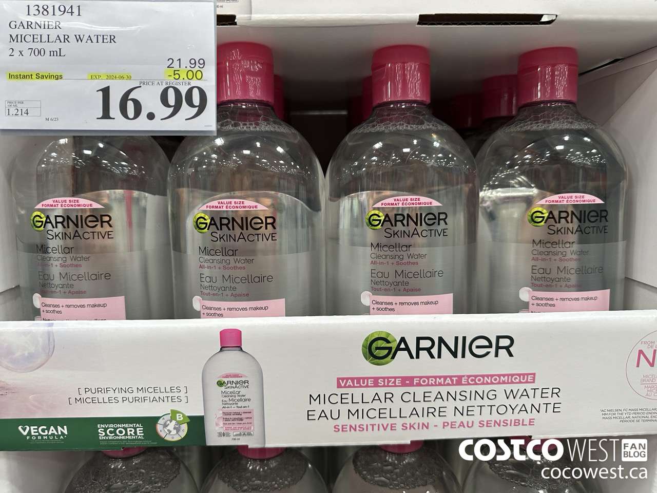1381941 GARNIER MICELLAR WATER 2 x 700 mL  ($5.00 INSTANT SAVINGS EXPIRES ON 2024-06-30) $16.99