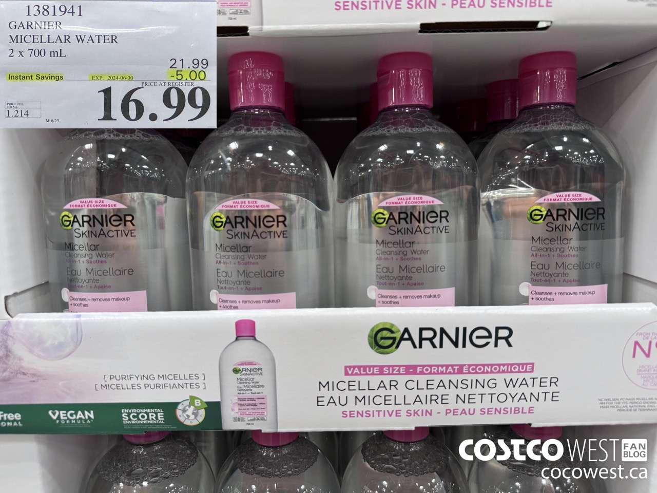 1381941 GARNIER MICELLAR WATER 2 x 700 mL  ($5.00 INSTANT SAVINGS EXPIRES ON 2024-06-30) $16.99