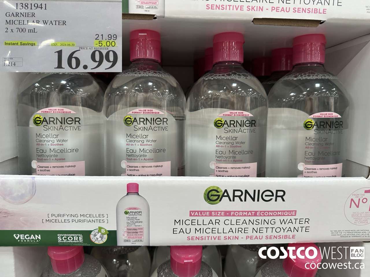 1381941 GARNIER MICELLAR WATER 2 x 700 mL  ($5.00 INSTANT SAVINGS EXPIRES ON 2024-06-30) $16.99