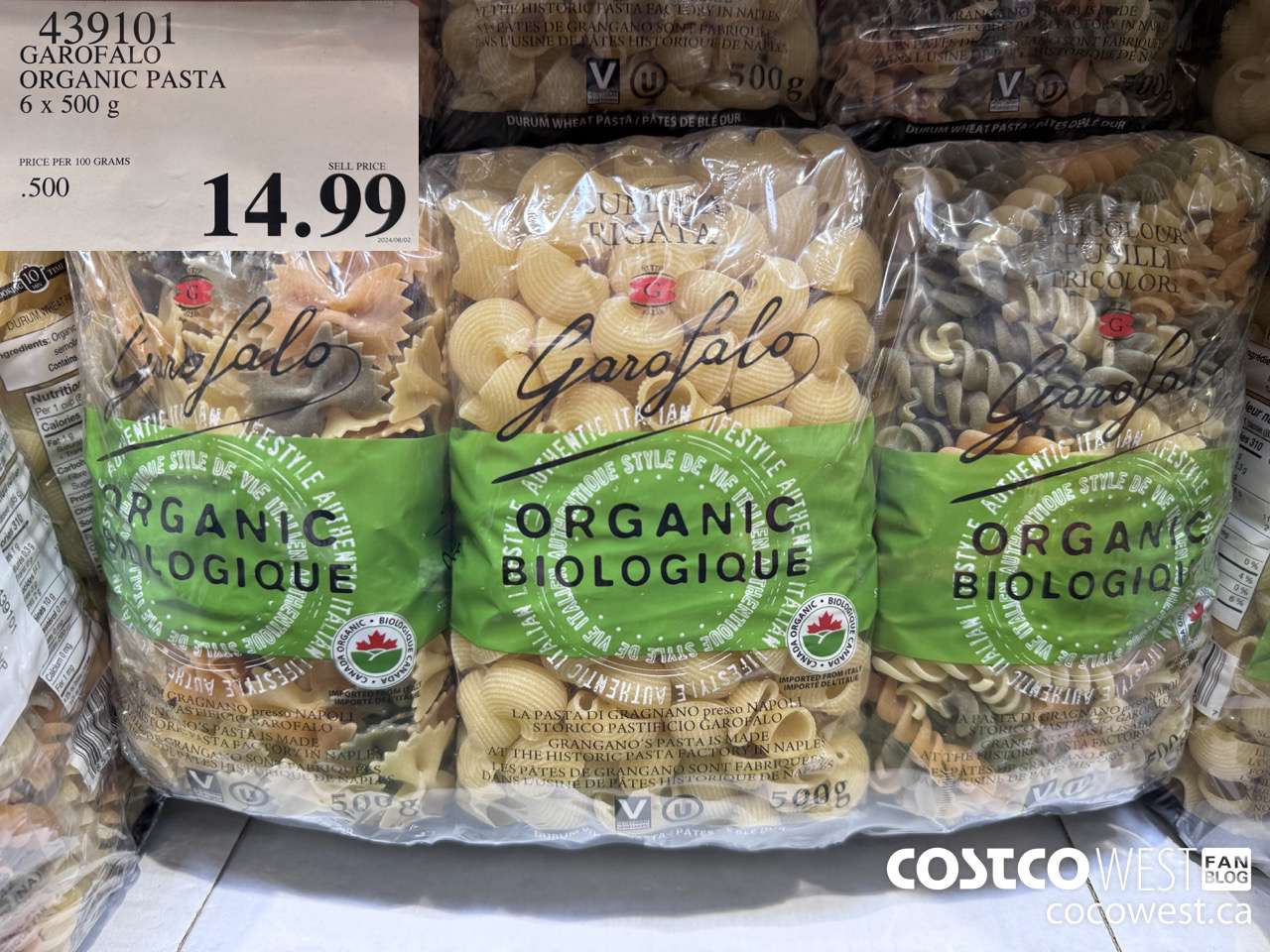 439101 GAROFALO ORGANIC PASTA 6 X 500G $14.99