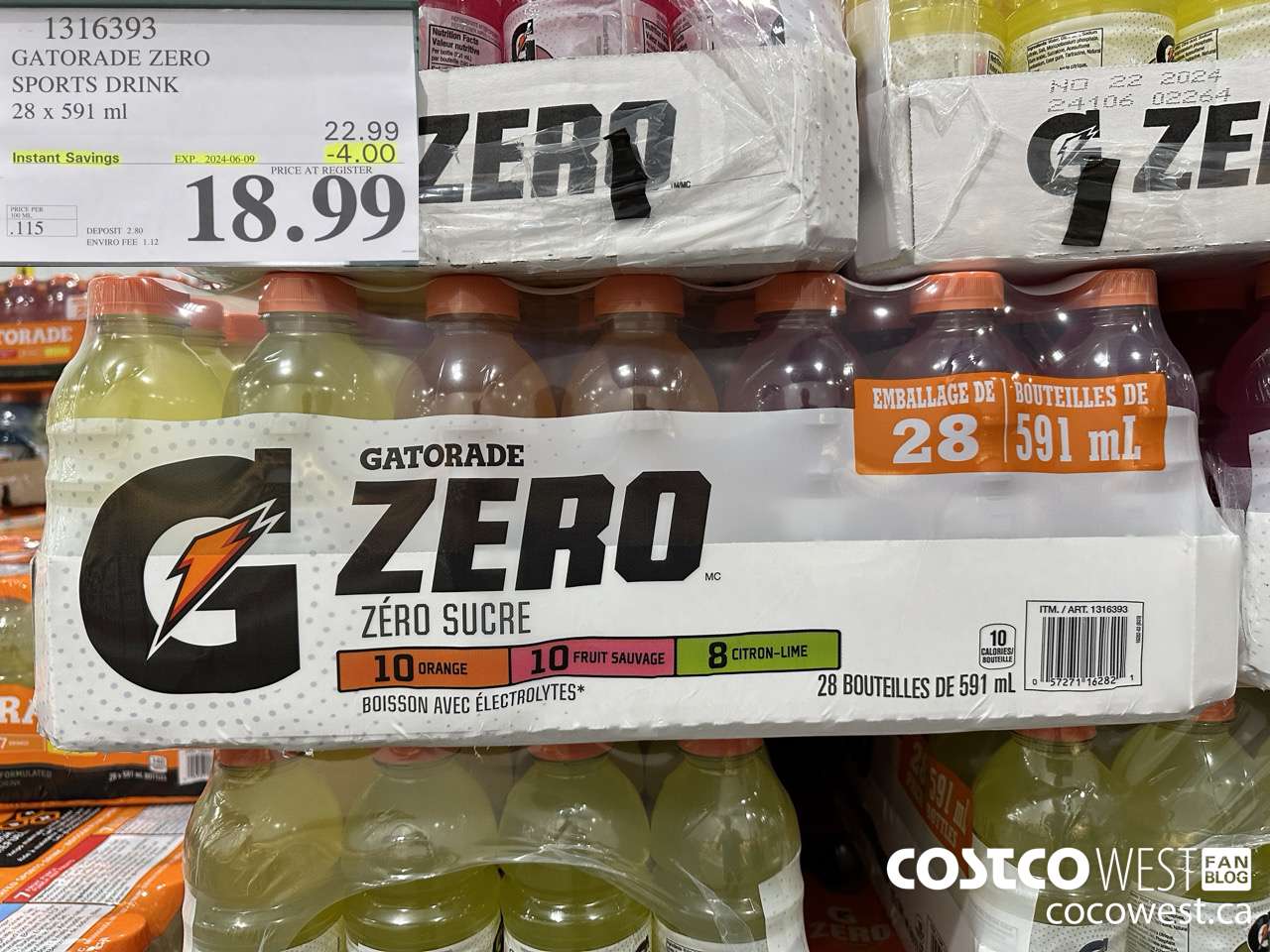 1316393 GATORADE ZERO SPORTS DRINK 28 x 591 ml ($4.00 INSTANT SAVINGS EXPIRES ON 2024-06-09) $18.99