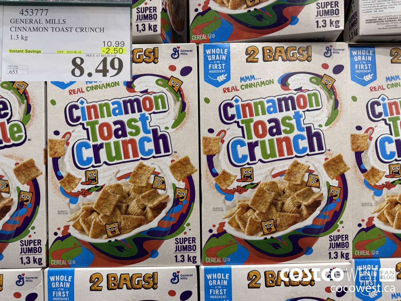 453777 GENERAL MILLS CINNAMON TOAST CRUNCH 1.3 kg ($2.50 INSTANT SAVINGS EXPIRES ON 2024-06-16) $8.49