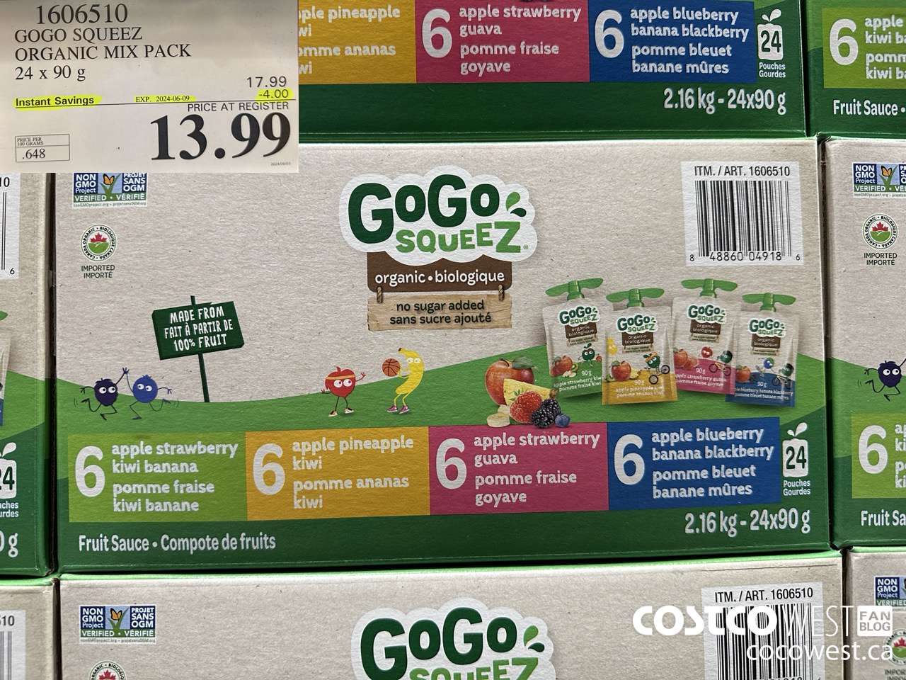 1606510 GOGO SQUEEZ ORGANIC MIX PACK 24 X 90 G ($4.00 INSTANT SAVINGS EXPIRES ON 2024-06-09) $13.99
