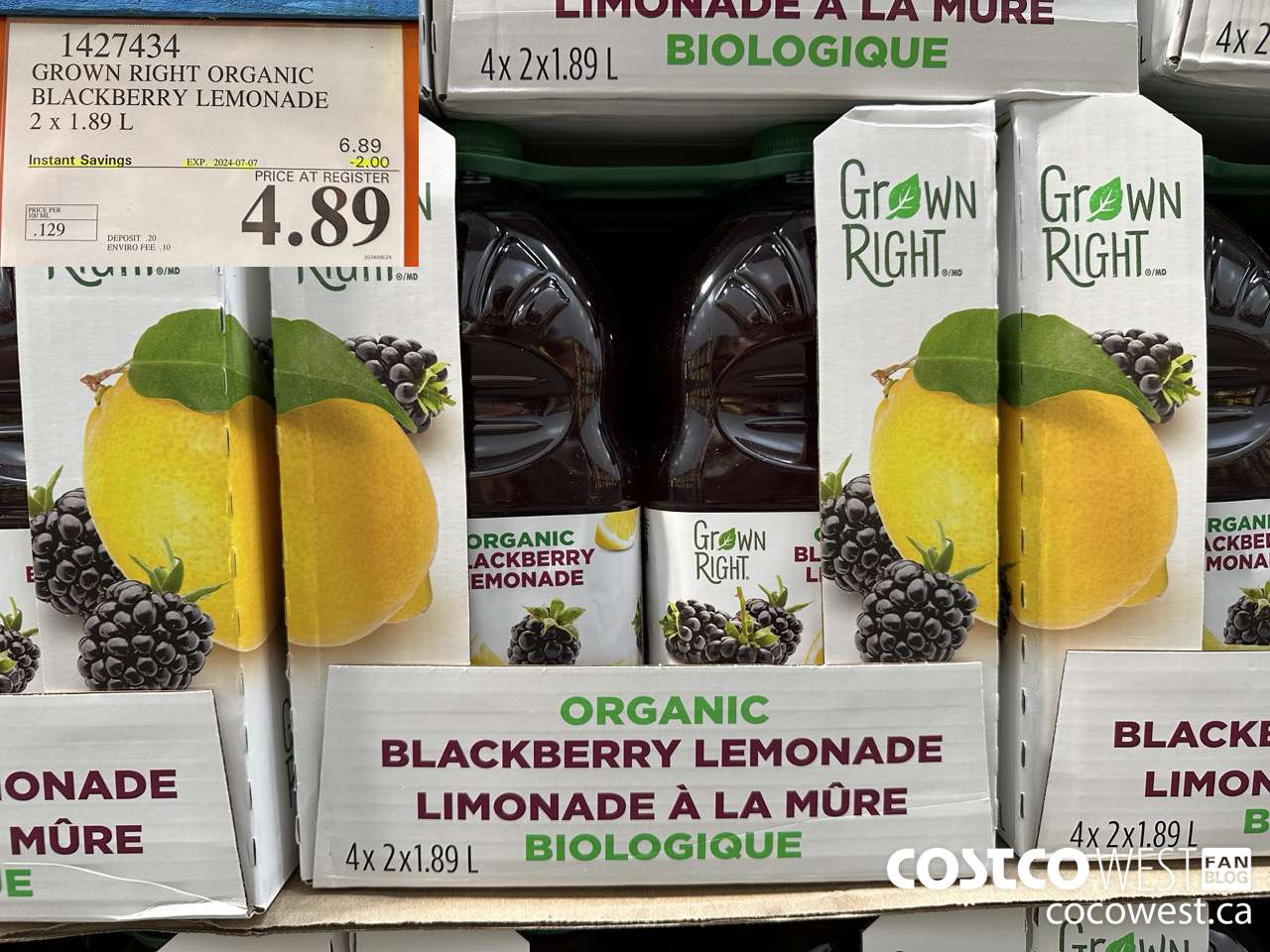 1427434 GROWN RIGHT ORGANIC BLACKBERRY LEMONADE 2 X 1.89L ($2.00 INSTANT SAVINGS EXPIRES ON 2024-07-07) $4.89