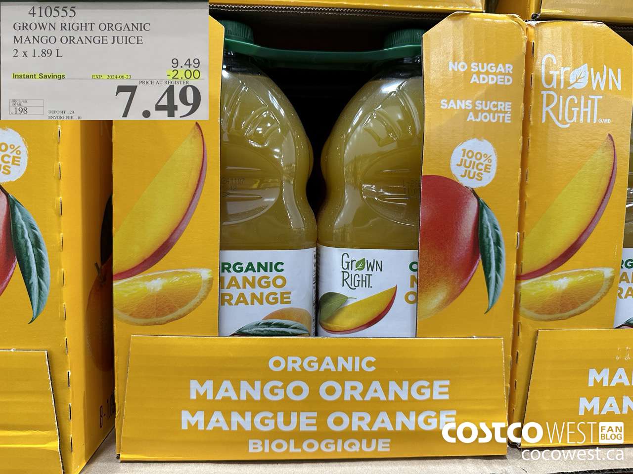 410555 GROWN RIGHT ORGANIC MANGO ORANGE JUICE 2 X 1.89L ($2.00 INSTANT SAVINGS EXPIRES ON 2024-06-23) $7.49