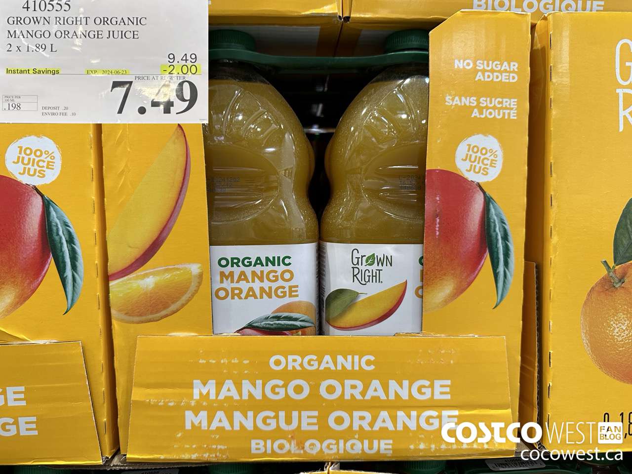 410555 GROWN RIGHT ORGANIC MANGO ORANGE JUICE 2 X 1.89L ($2.00 INSTANT SAVINGS EXPIRES ON 2024-06-23) $7.49