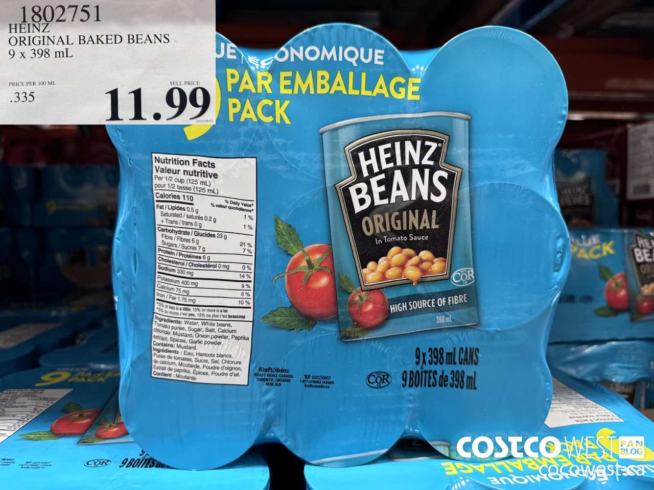 1802751 HEINZ ORIGINAL BAKED BEANS 9 X 398ML $11.99