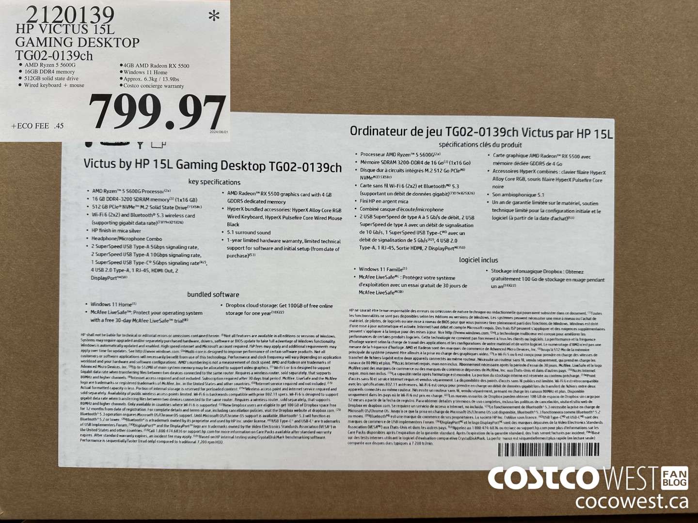 2120139 HP VICTUS 15L GAMING DESKTOP TG02-0139CH $799.97