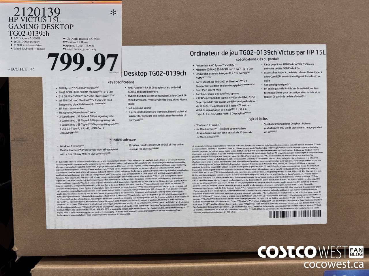 2120139 HP VICTUS 15L GAMING DESKTOP TG02-0139CH $799.97