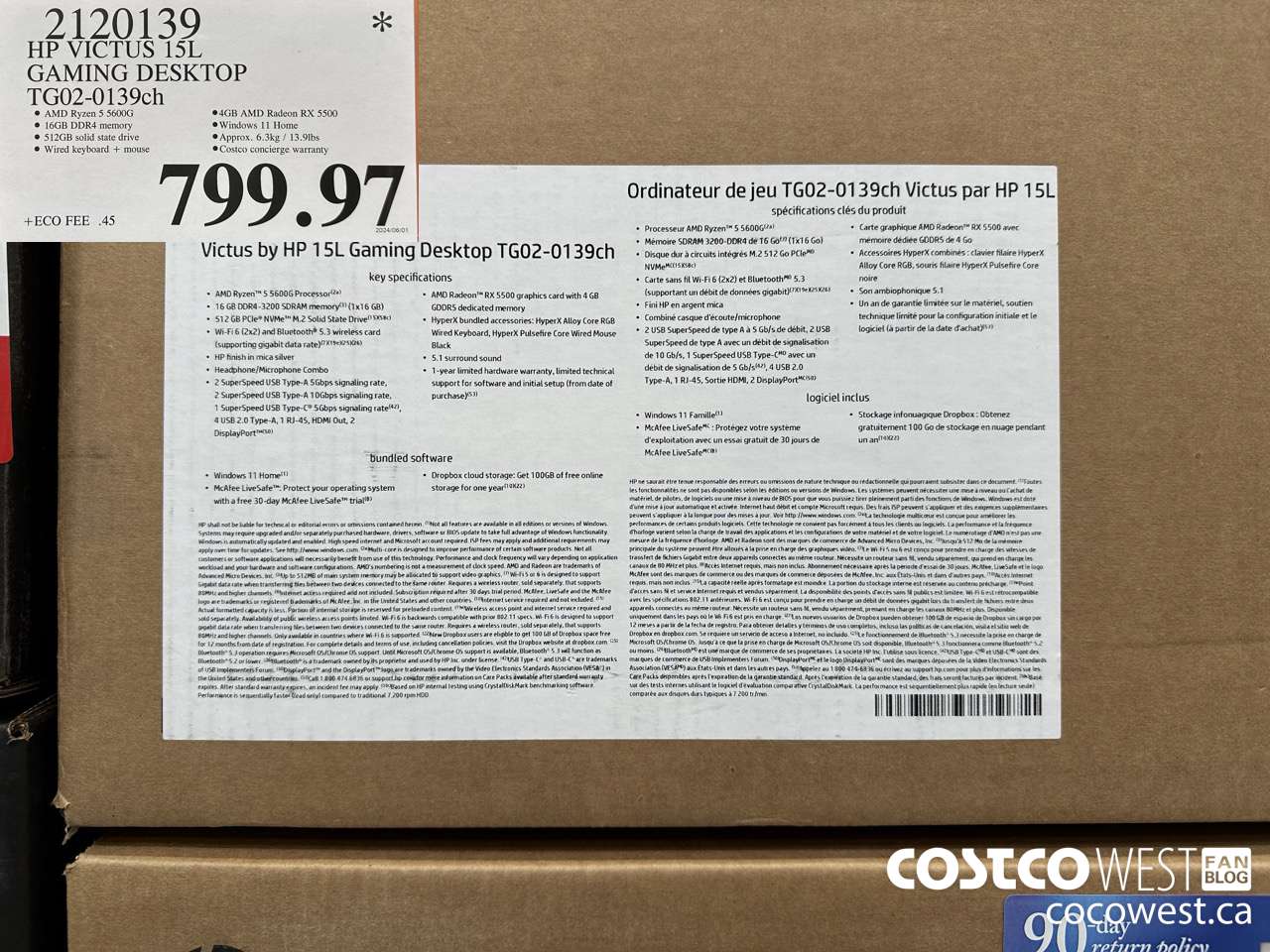 2120139 HP VICTUS 15L GAMING DESKTOP TG02-0139CH $799.97