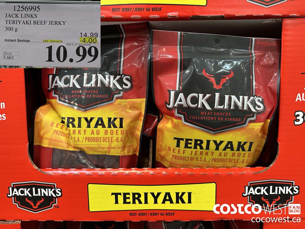 1256995 JACK LINKS TERIYAKI BEEF JERKY 300g ($4.00 INSTANT SAVINGS EXPIRES ON 2024-06-30) $10.99