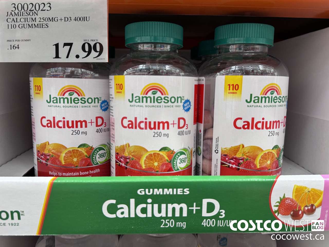 3002023 JAMIESON CALCIUM 250MG + D3 400IU 110 GUMMIES $17.99