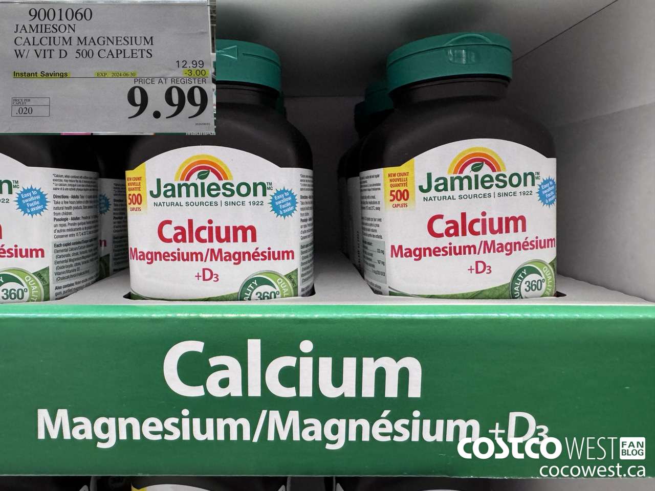 9001060 JAMIESON CALCIUM MAGNESIUM W/ VIT D 500 CAPLETS ($3.00 INSTANT SAVINGS EXPIRES ON 2024-06-30) $9.99