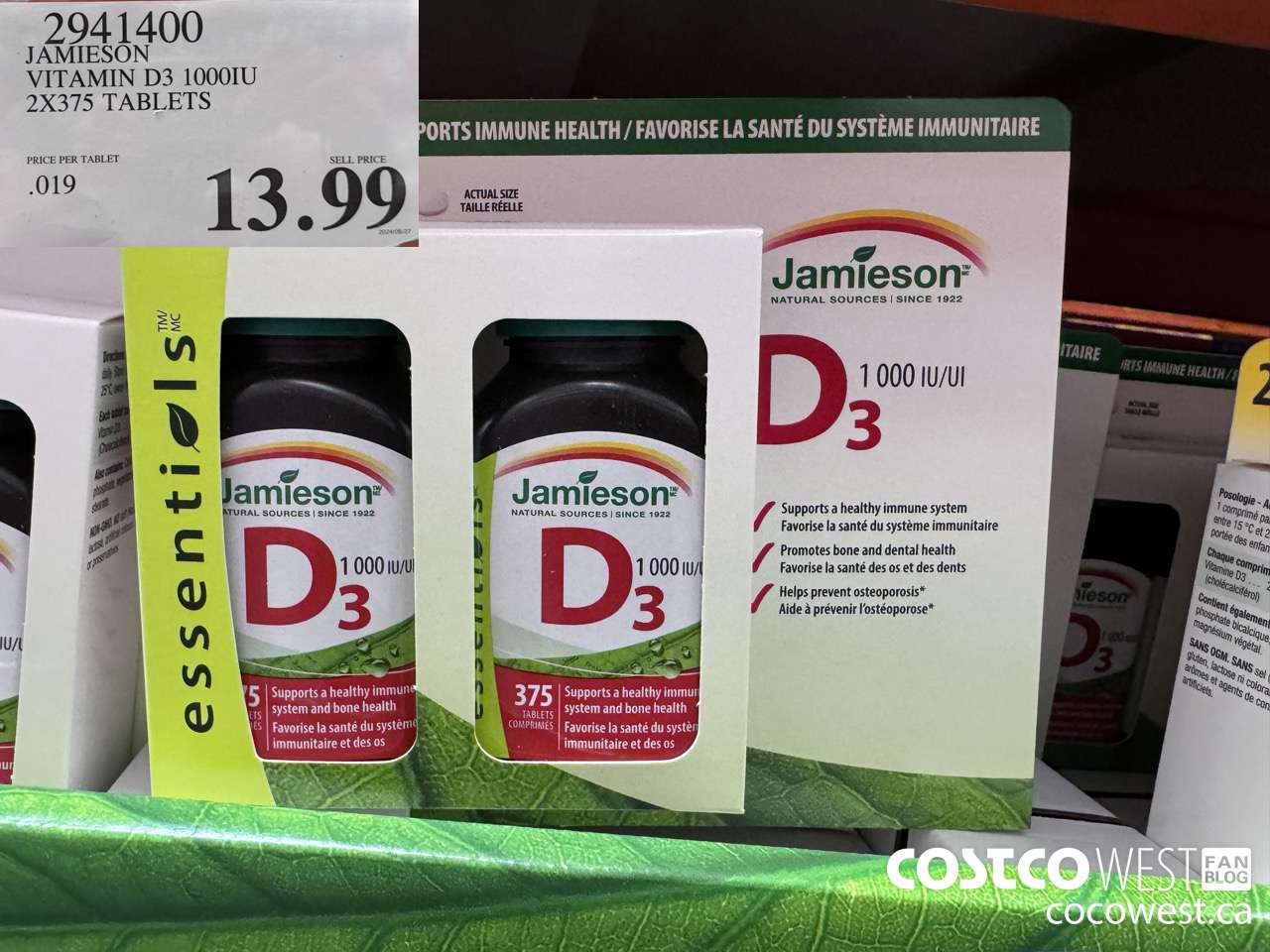 2941400 JAMIESON VITAMIN D3 1000IU 2X375 TABLETS $13.99