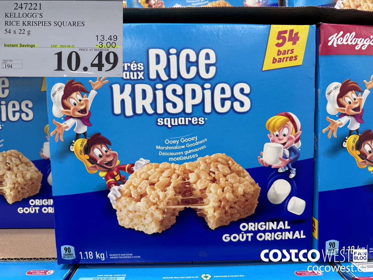 247221 KELLOGG'S RICE KRISPIES SQUARES 54 X 22 G ($3.00 INSTANT SAVINGS EXPIRES ON 2024-06-23) $10.49