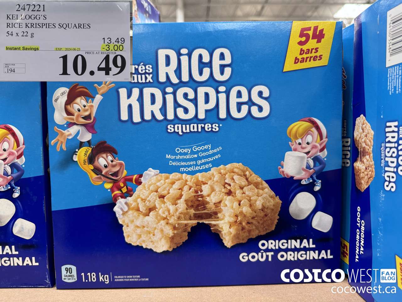 247221 KELLOGG'S RICE KRISPIES SQUARES 54 X 22 G ($3.00 INSTANT SAVINGS EXPIRES ON 2024-06-23) $10.49