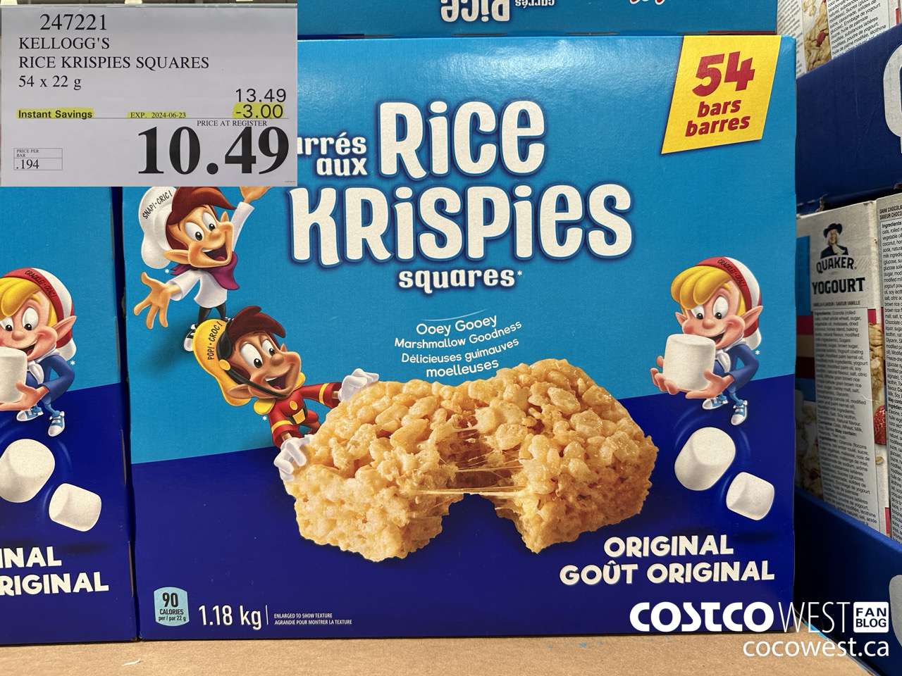 247221 KELLOGG'S RICE KRISPIES SQUARES 54 X 22 G ($3.00 INSTANT SAVINGS EXPIRES ON 2024-06-23) $10.49