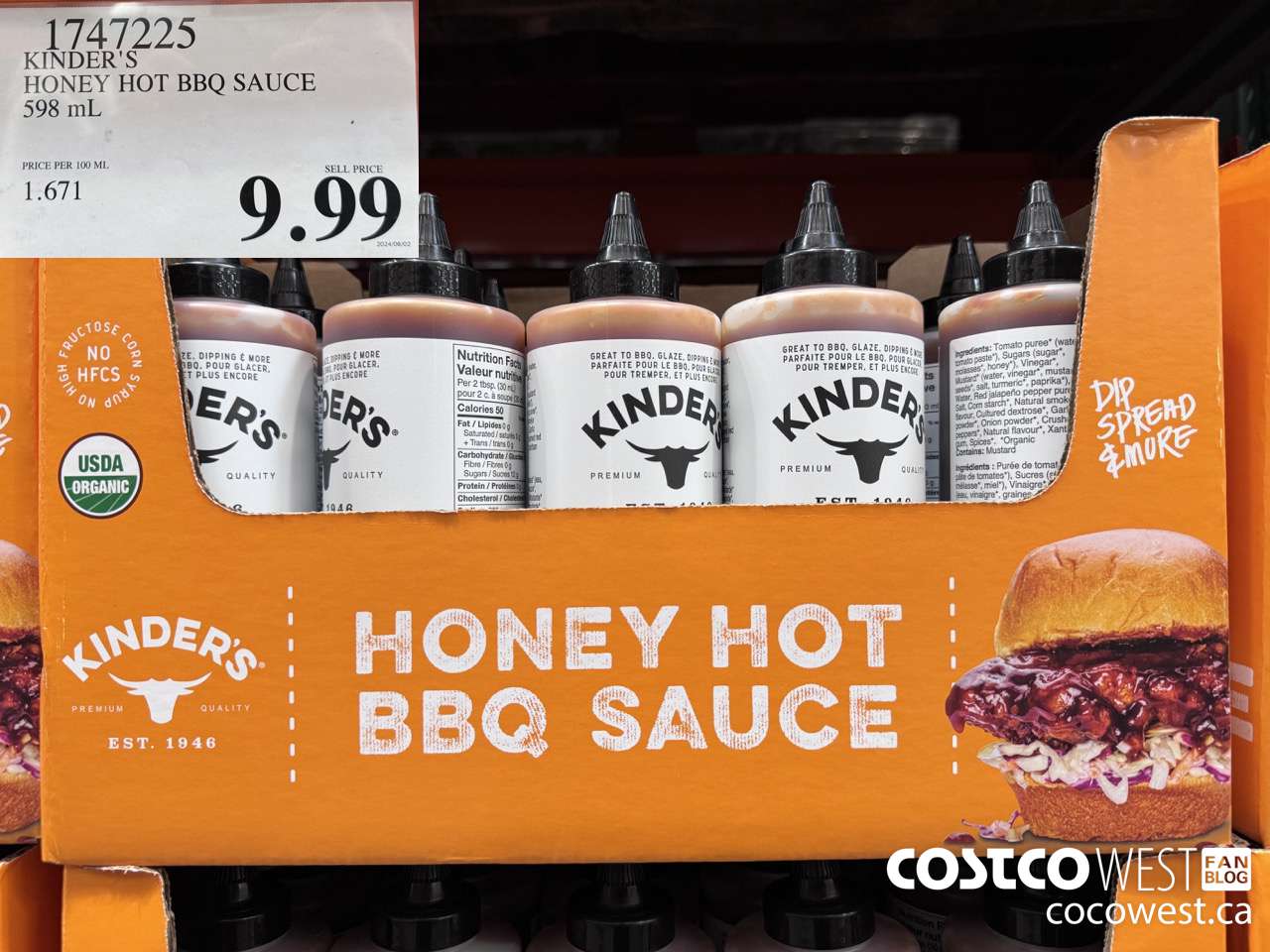 1747225 KINDER'S HONEY HOT BBQ SAUCE 598 ML $9.99