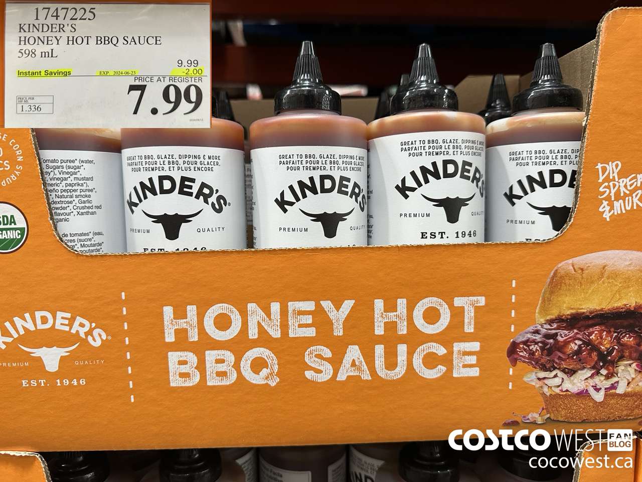 1747225 KINDER'S HONEY HOT BBQ SAUCE 598 ML ($2.00 INSTANT SAVINGS EXPIRES ON 2024-06-23) $7.99