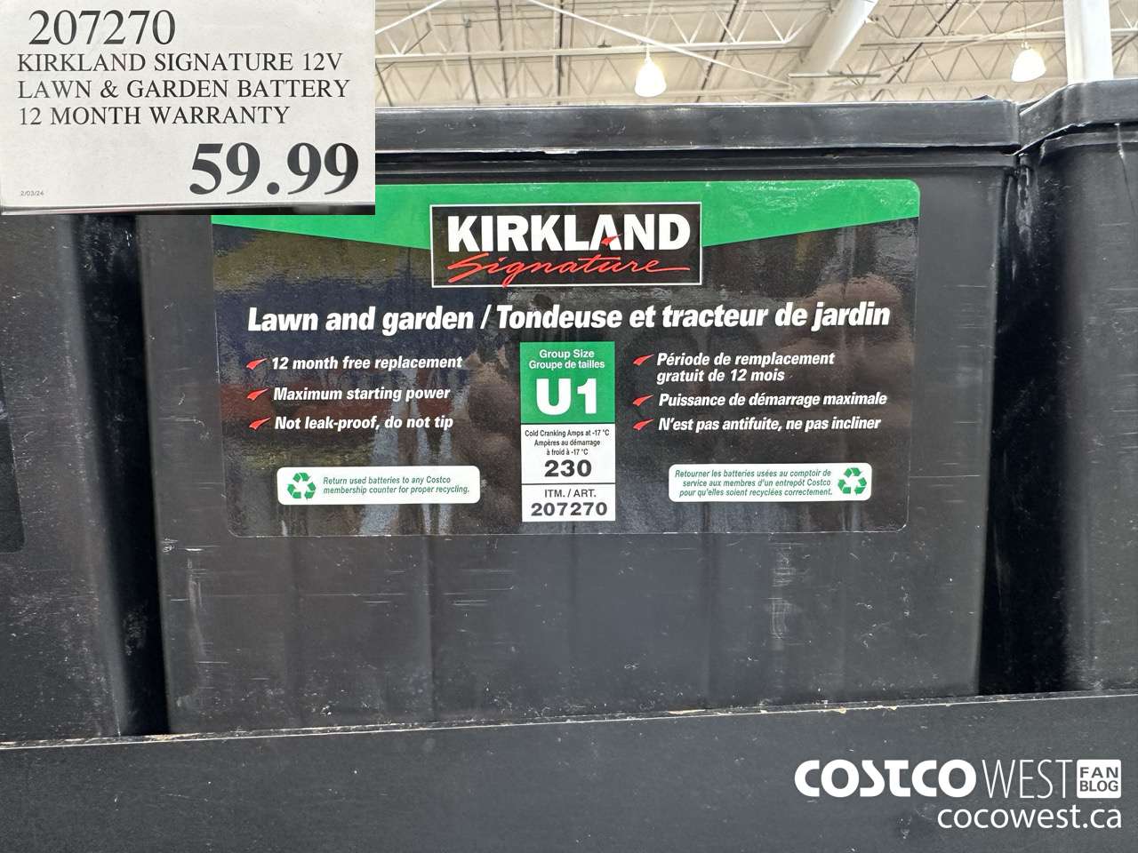 207270 KIRKLAND SIGNATURE 12V LAWN & GARDEN BATTERY 12 MONTH WARRANTY $59.99