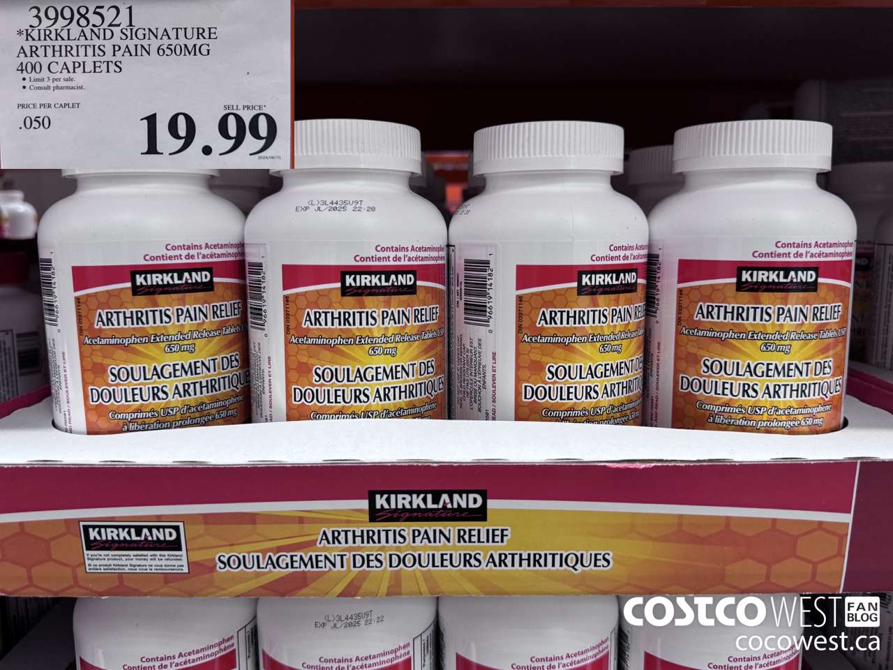 3998521 KIRKLAND SIGNATURE ARTHRITIS PAIN 650MG 400 CAPLETS $19.99
