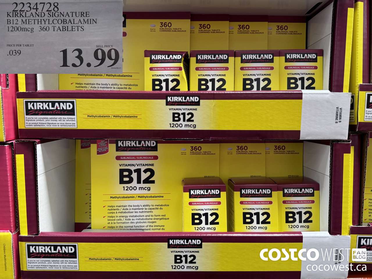 2234728 KIRKLAND SIGNATURE B12 METHYLCOBALAMIN 1200MCG 360 TABLETS $13.99