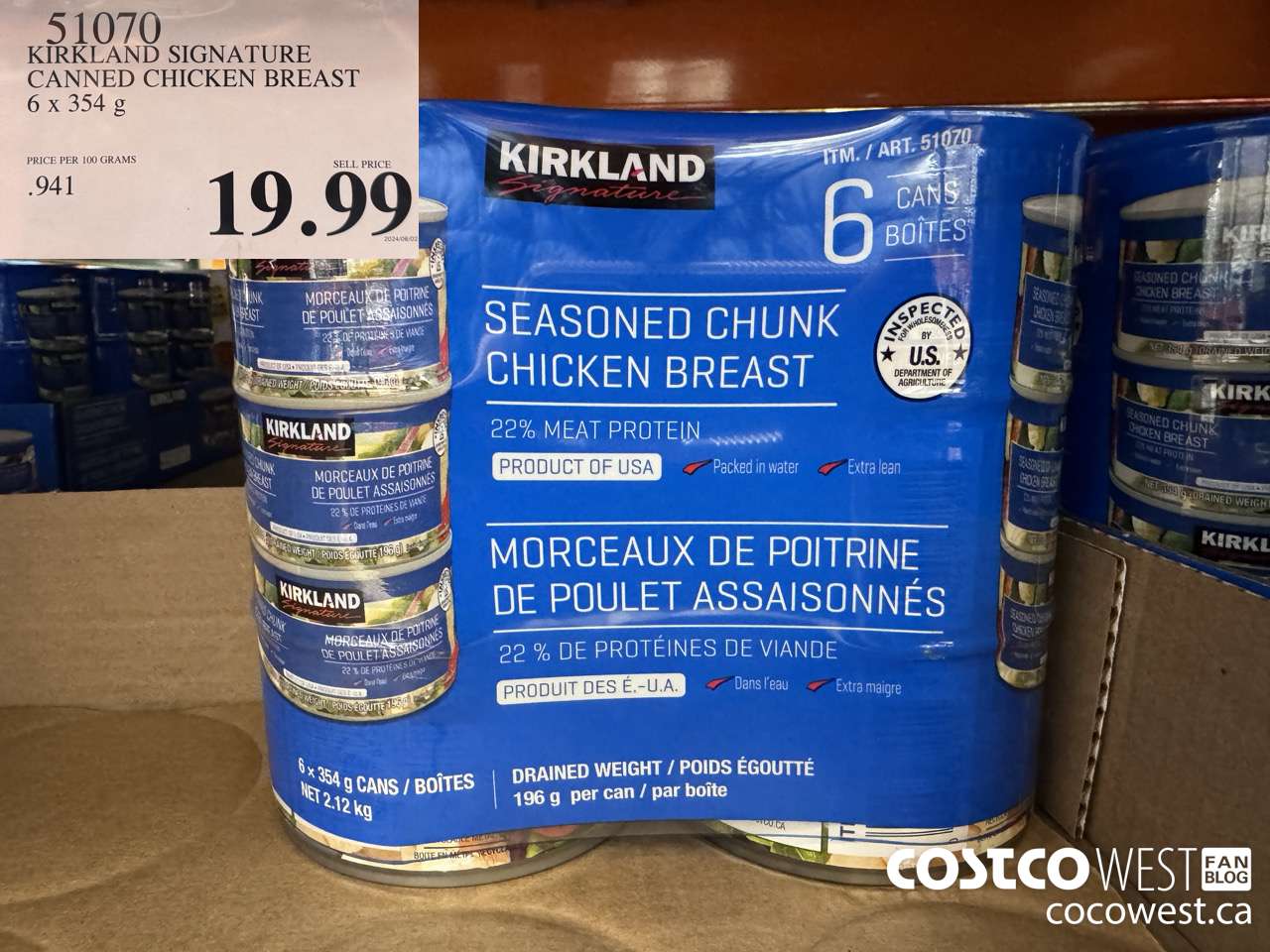 51070 KIRKLAND SIGNATURE CANNED CHICKEN BREAST 6 X 354G $19.99