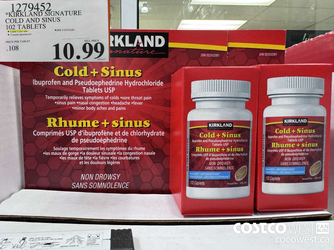 1279452 KIRKLAND SIGNATURE COLD AND SINUS 102 CAPLETS $10.99