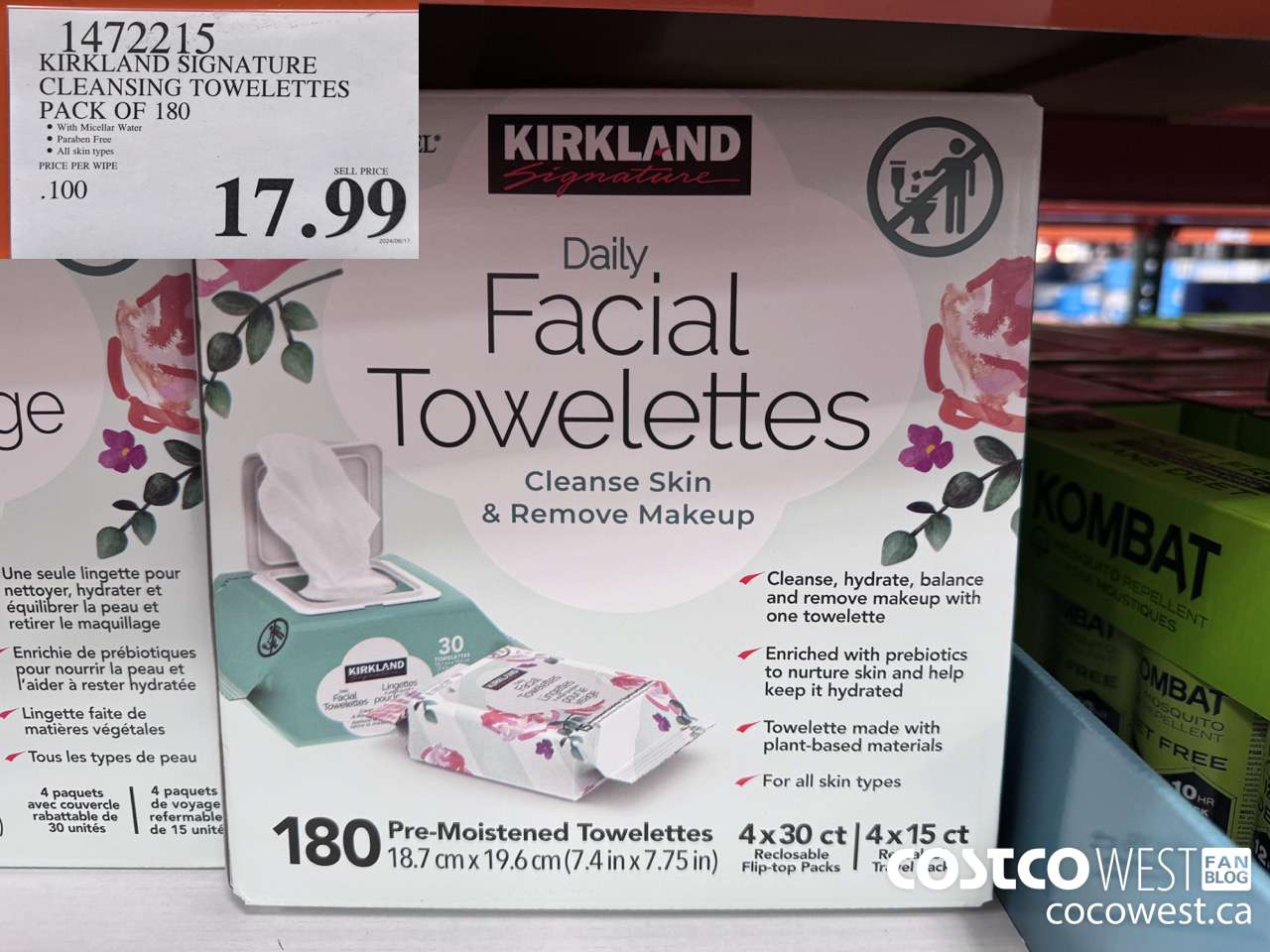1472215 KIRKLAND SIGNATURE DAILY FACIAL TOWELETTES 180CT $17.99