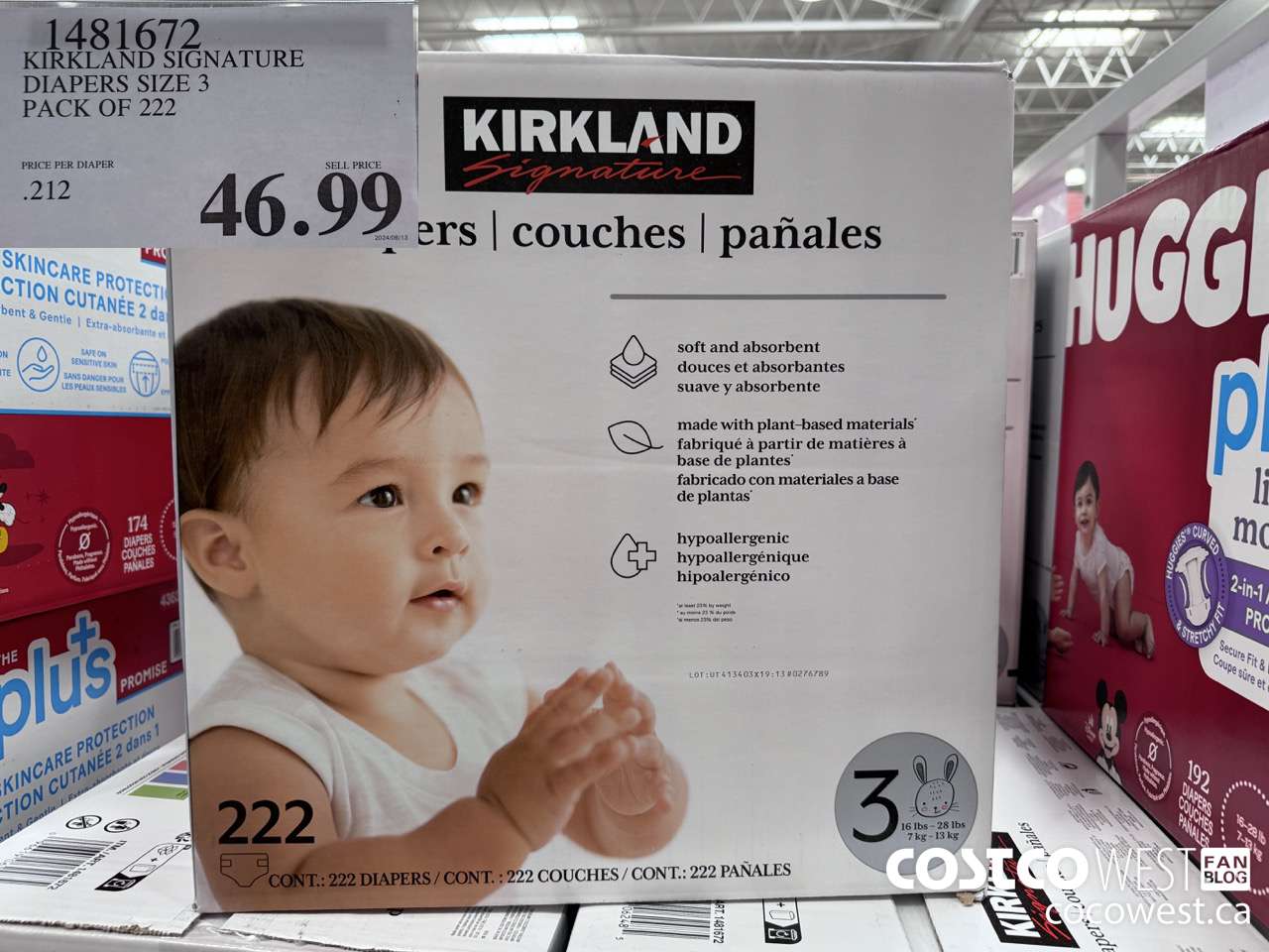 1481672 KIRKLAND SIGNATURE DIAPERS SIZE 3 PACK OF 222 $46.99