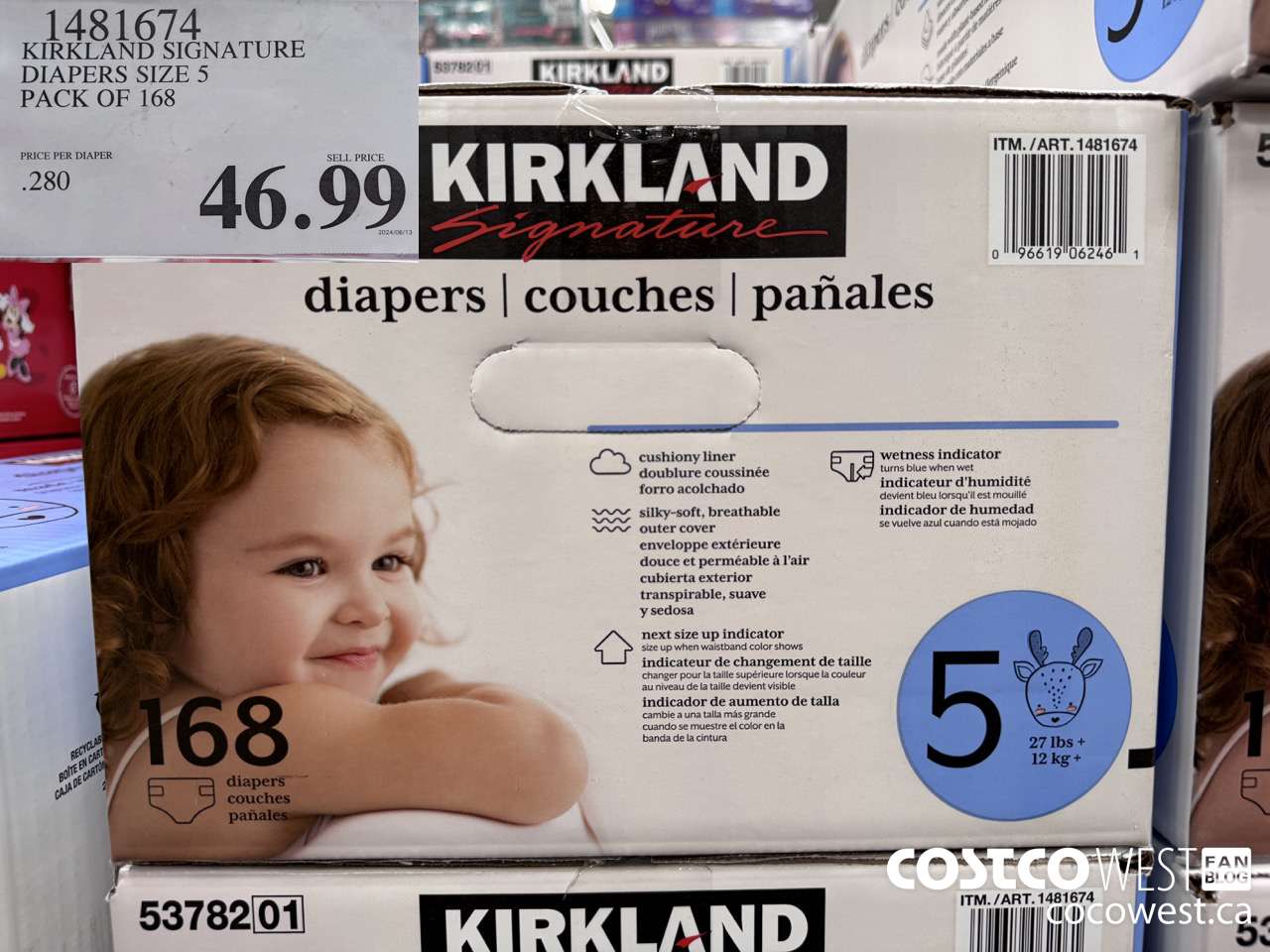 1481674 KIRKLAND SIGNATURE DIAPERS SIZE 5 PACK OF 168 $46.99