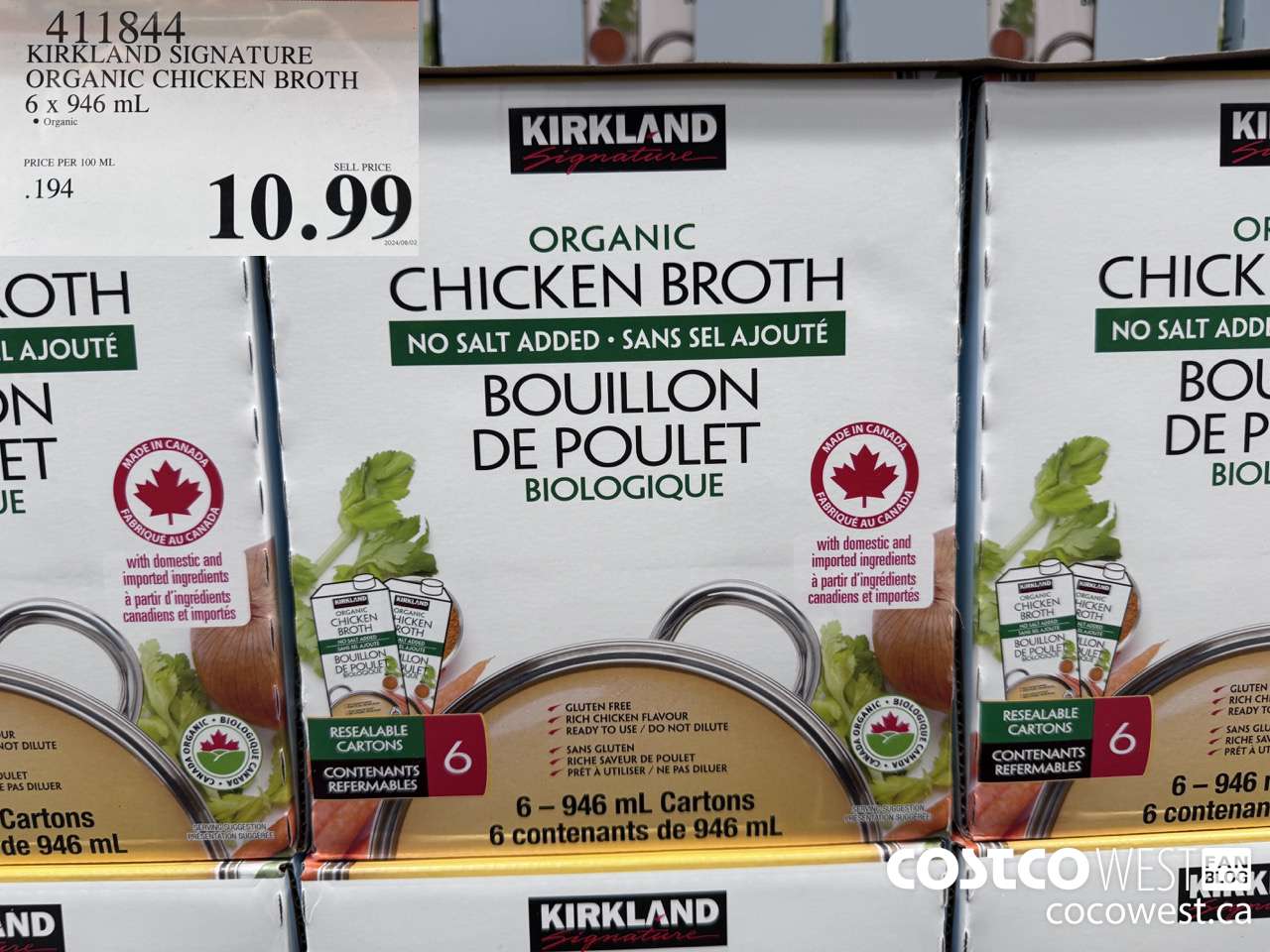 411844 KIRKLAND SIGNATURE ORGANIC CHICKEN BROTH 6 x 946 mL $10.99