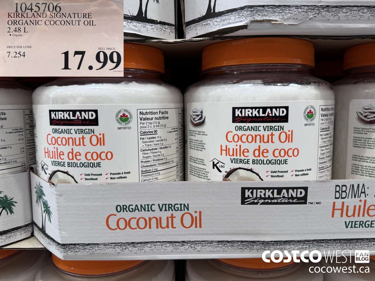 1045706 KIRKLAND SIGNATURE ORGANIC COCONUT OIL 2.48 L $17.99