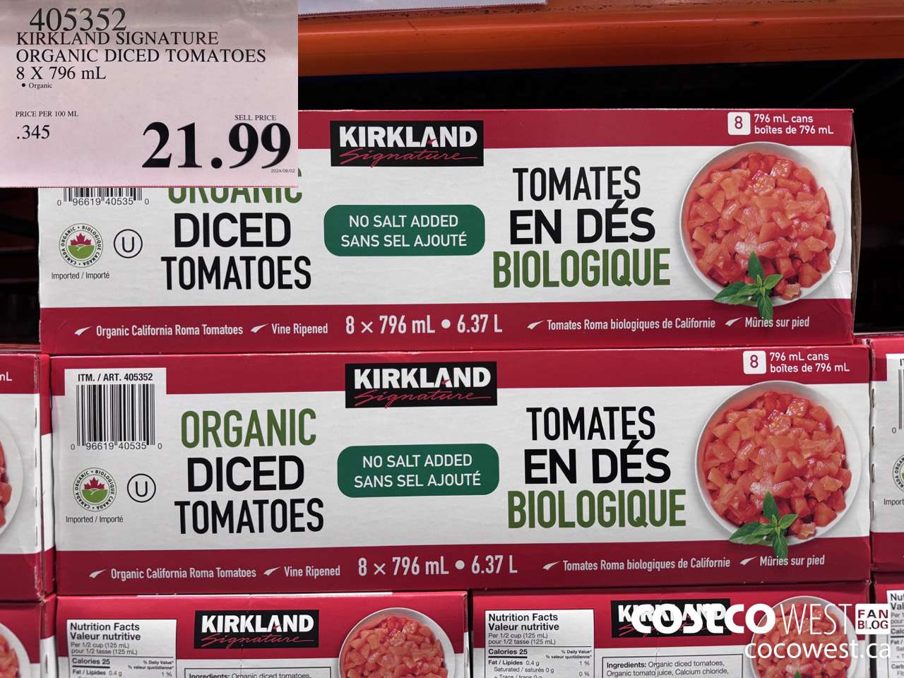 405352 KIRKLAND SIGNATURE ORGANIC DICED TOMATOES 8 X 796 mL $21.99