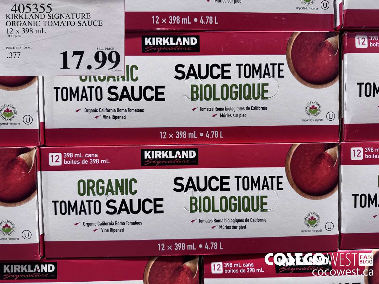 405355 KIRKLAND SIGNATURE ORGANIC TOMATO SAUCE 12 x 398 mL $17.99