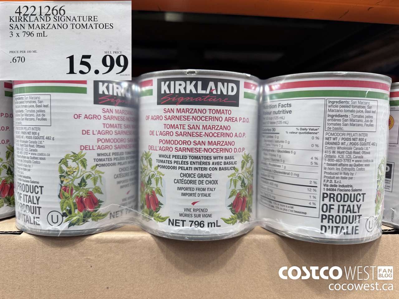 4221266 KIRKLAND SIGNATURE SAN MARZANO TOMATOES 3 X 796 ML $15.99